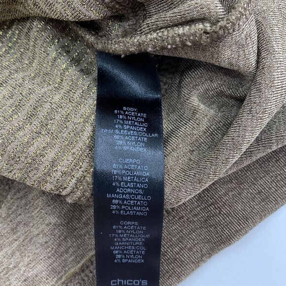 Chicos Travelers Womens Slinky Knit Brown Gold Ribbed Asymmetric Hem Top Sz 0 S - Picture 9 of 10